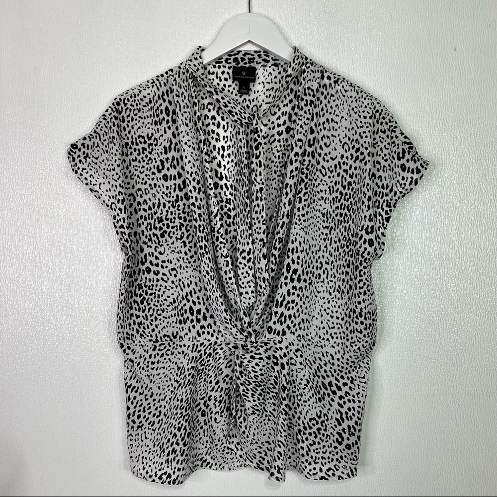 WORTHINGTON Black White Animal Print Top Faux Wrap Peplum Size Large